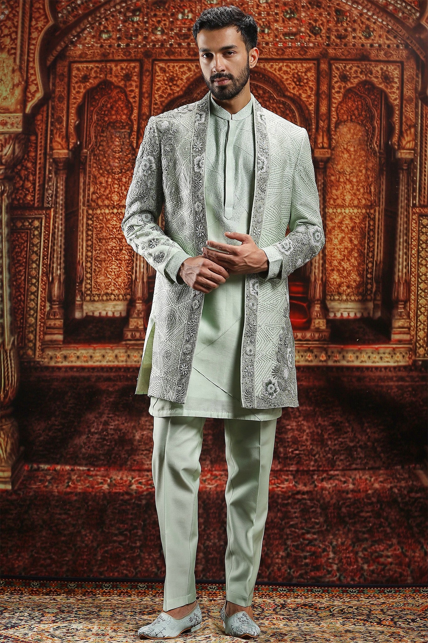 Mint Green floral Zardozi Embroidered Sherwani