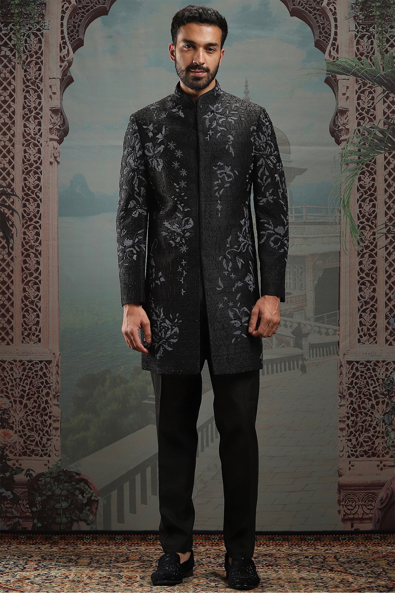 Black Moti Raw Silk Embroidered Sherwani