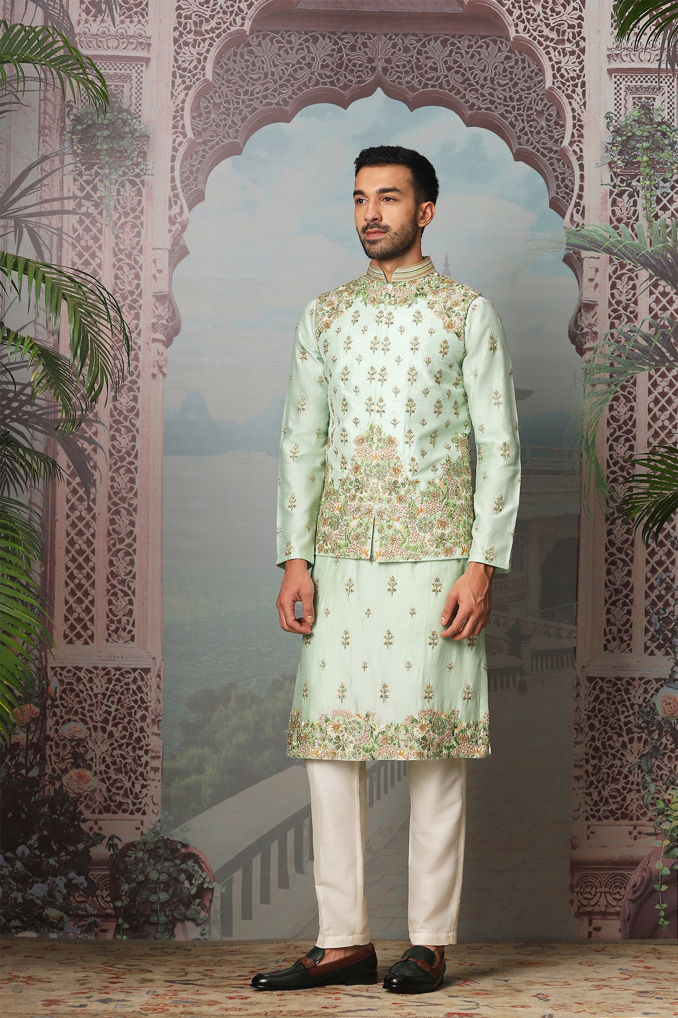 Viridian Fern Raw Silk Embroidered Kurta Bundi Set
