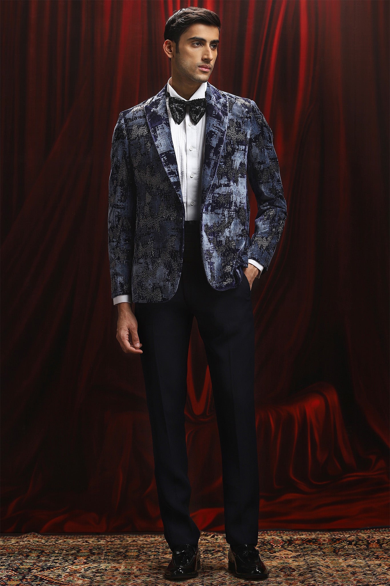 Blue and Black Sequin Jacquard Fabric Tuxedo