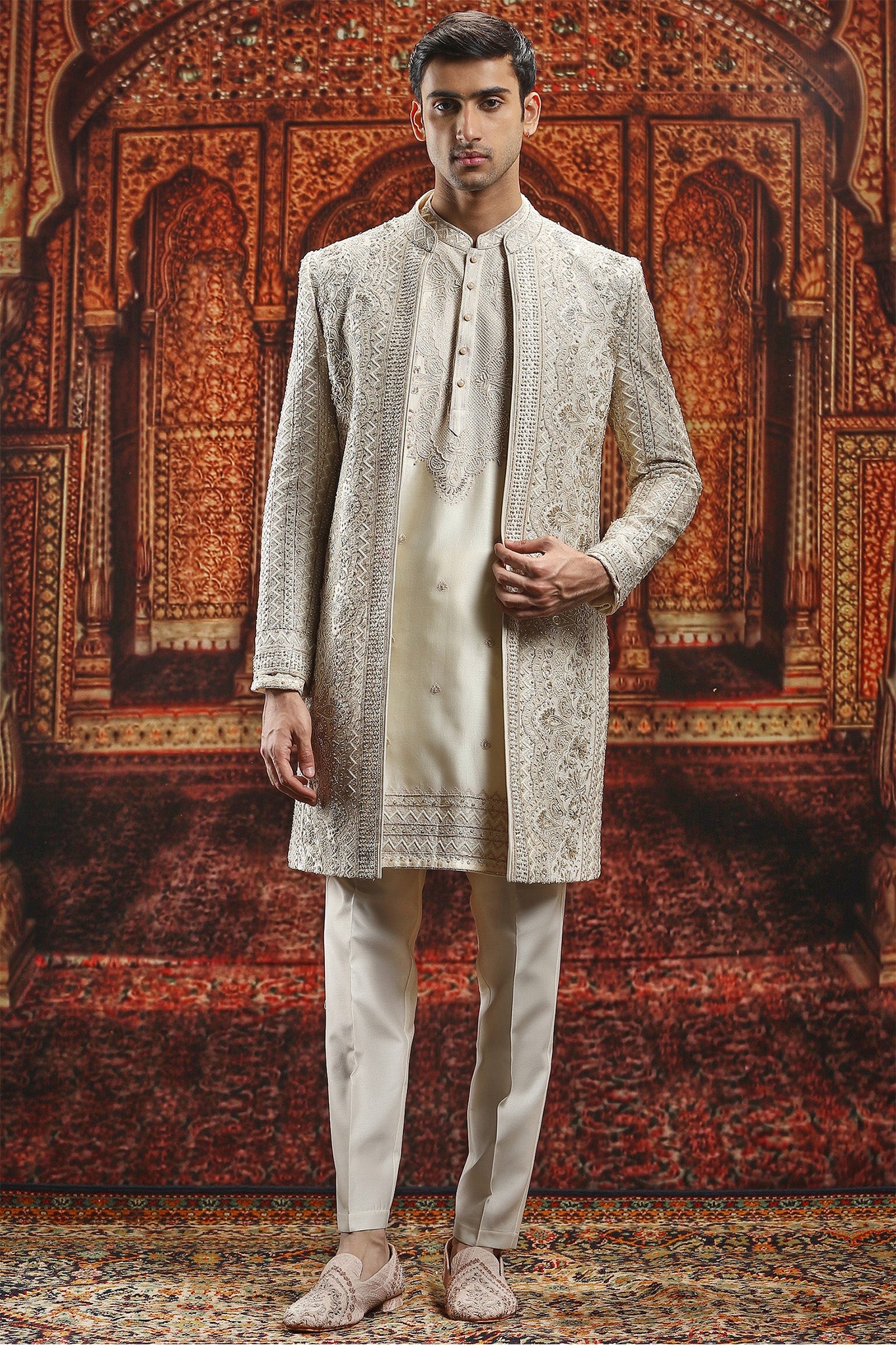 Ivory Sherwani with Dabka Pitta Embroidery