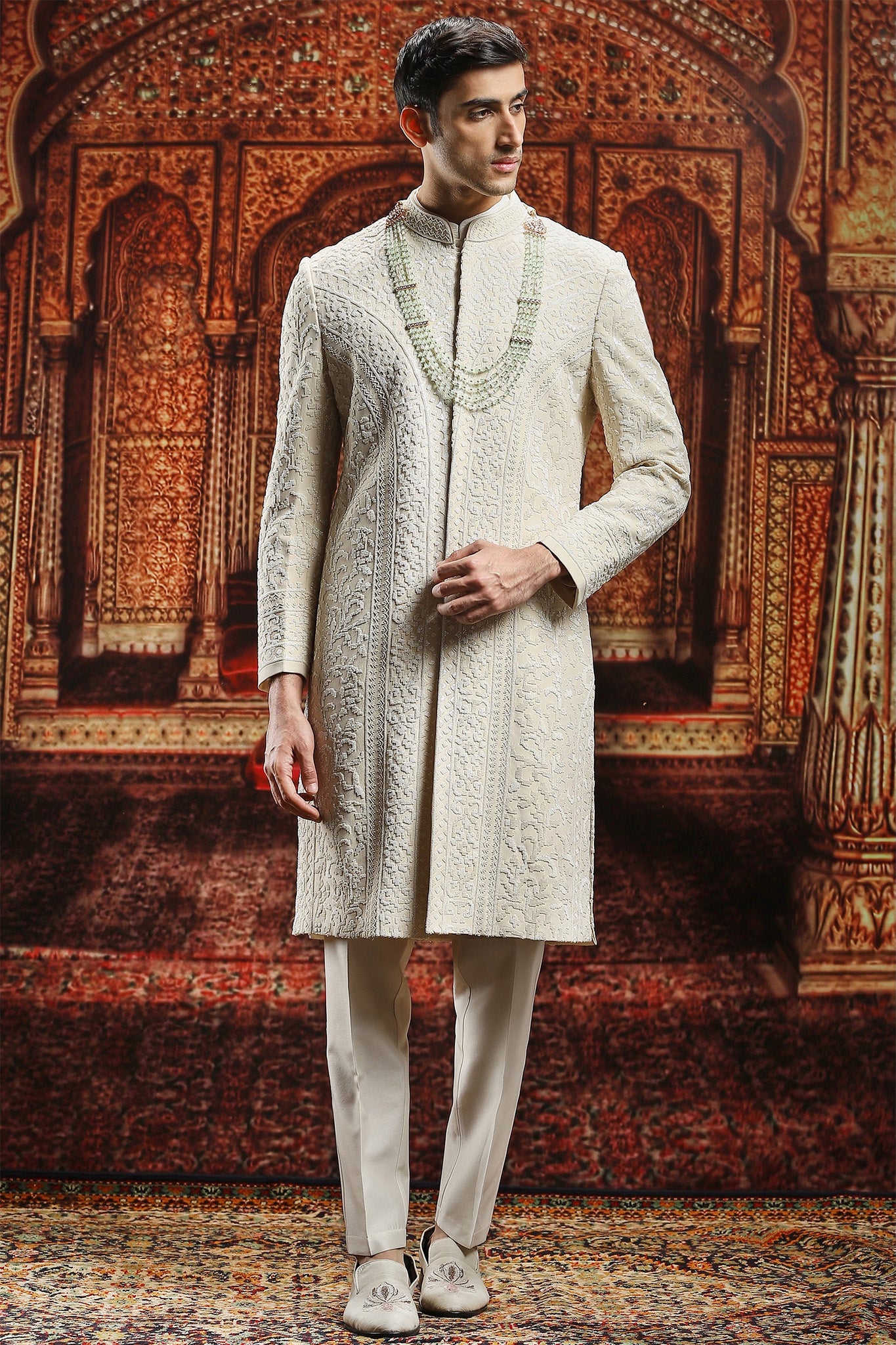 Ivory Silk Sherwani with Cutdana  Embroidery