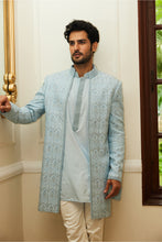 Load image into Gallery viewer, POWDER BLUE RAW SILK OPEN SHERWANI  JACKET WITH KURTA AAND TROUSER
