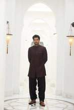 Load image into Gallery viewer, BURGUNDY RAW SILK EMBROIDERED SHORT SHERWANI WITH KURTA AND SALWAR
