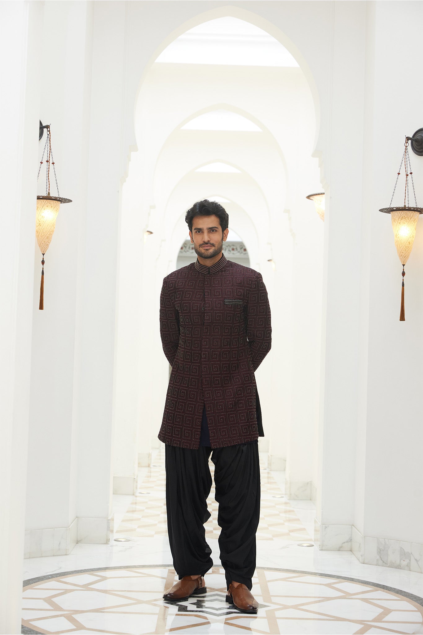 BURGUNDY RAW SILK EMBROIDERED SHORT SHERWANI WITH KURTA AND SALWAR