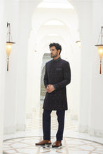 Load image into Gallery viewer, MIDNIGHT BLUE EMBROIDERED  VELVET SHORT SHERWANI WITH KURTA AND TROUSER
