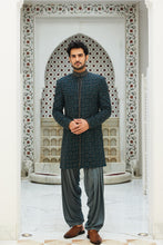 Load image into Gallery viewer, TEAL BLUE RAW SILK SHORT SHERWANI WITH GUNMETAL GREY KURTA AND SALWAR
