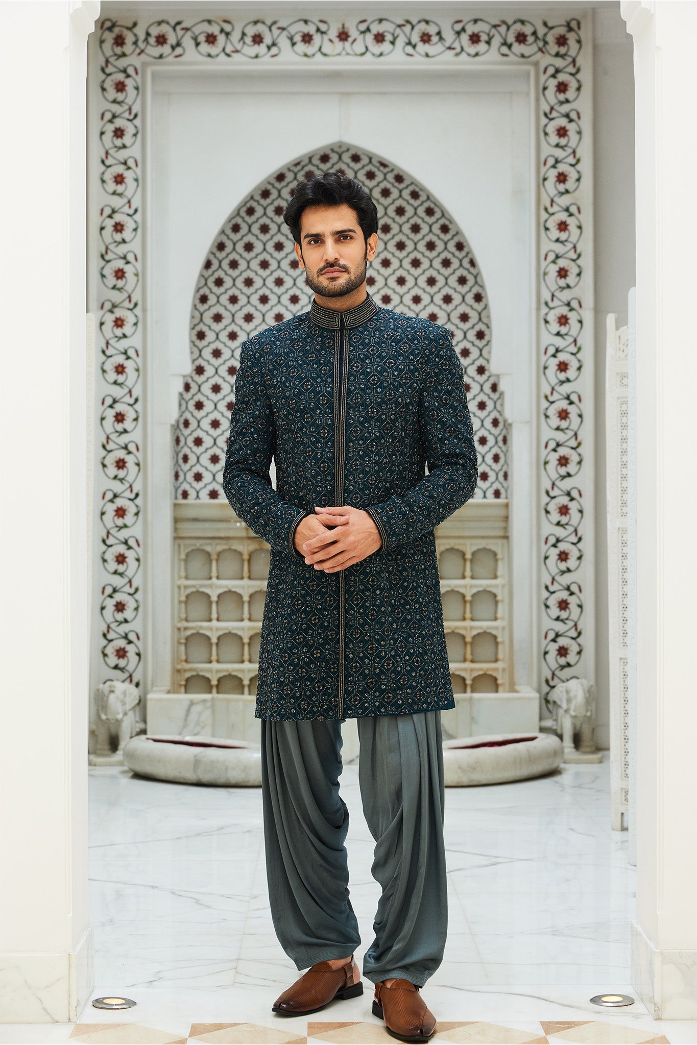 TEAL BLUE RAW SILK SHORT SHERWANI WITH GUNMETAL GREY KURTA AND SALWAR