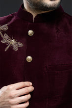 Load image into Gallery viewer, Wine Velvet Dragonfly Bandhgala Set
