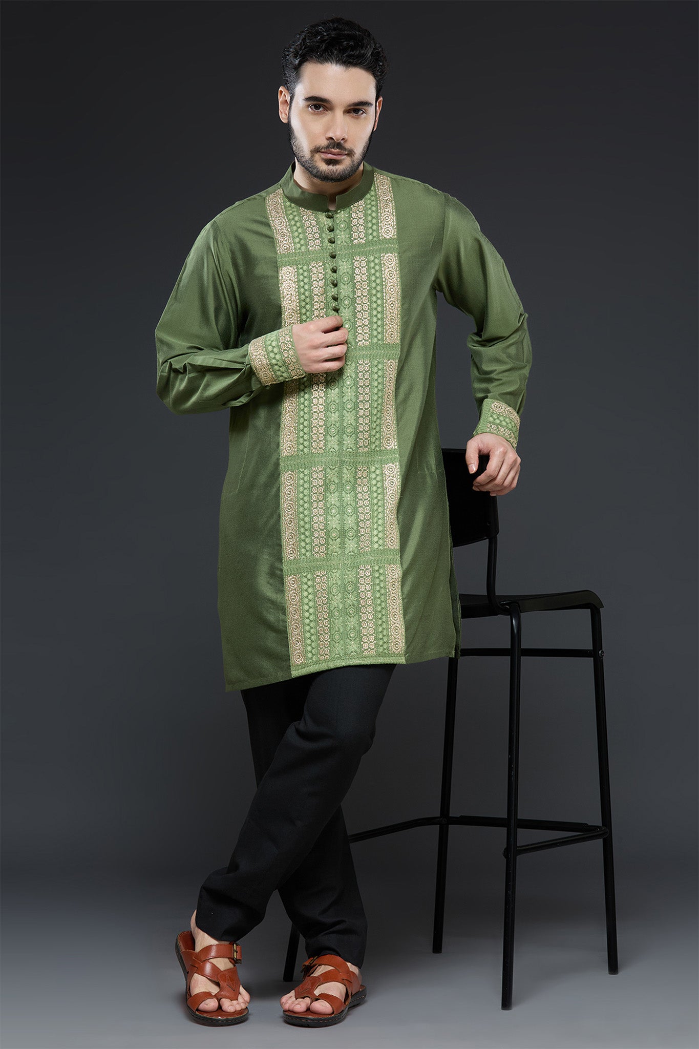 Mehendi Green Panel Design Kurta Set