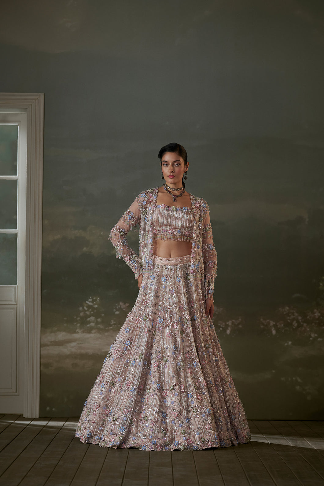 Peach Multicolored Lehenga Choli Set With Jacket