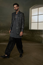 Load image into Gallery viewer, BLACK RAW SILK FULL SLEEVED JACKET WITH KURTA AND SALWAR
