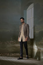 Load image into Gallery viewer, BEIGE AND BLACK PRINTED RAW SILK JACKET WITH BEIGE KURTA AND BLACK TROUSER
