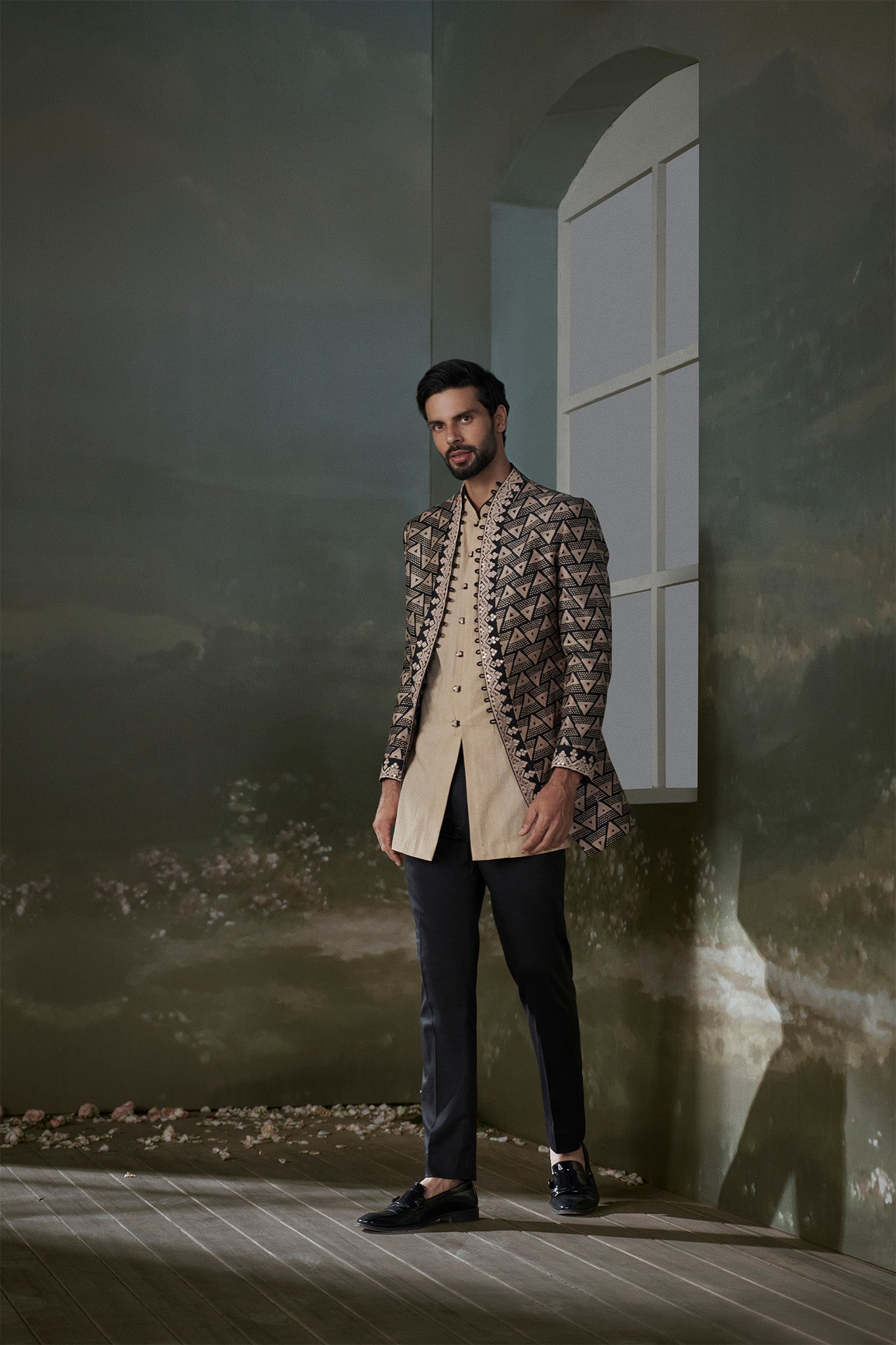 BEIGE AND BLACK PRINTED RAW SILK JACKET WITH BEIGE KURTA AND BLACK TROUSER