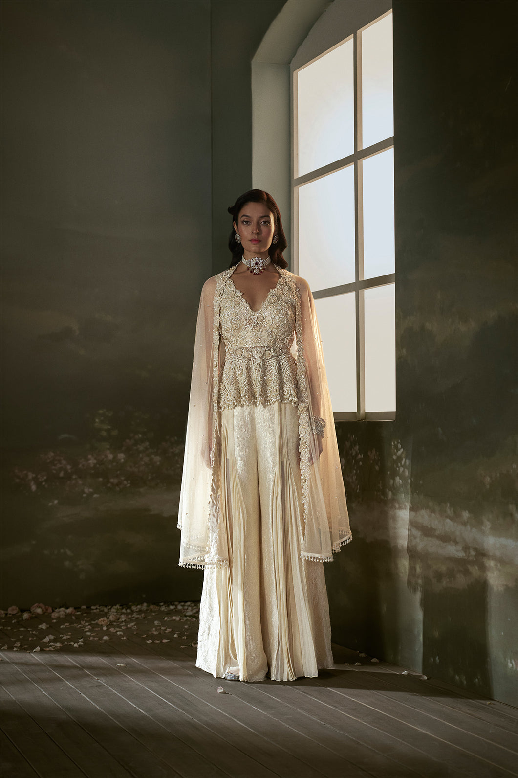 Cream peplum top and sharara set
