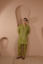 Load image into Gallery viewer, EMBROIDERED MEHENDI GREEN MIRRORWORK KURTA WITH SALWAR
