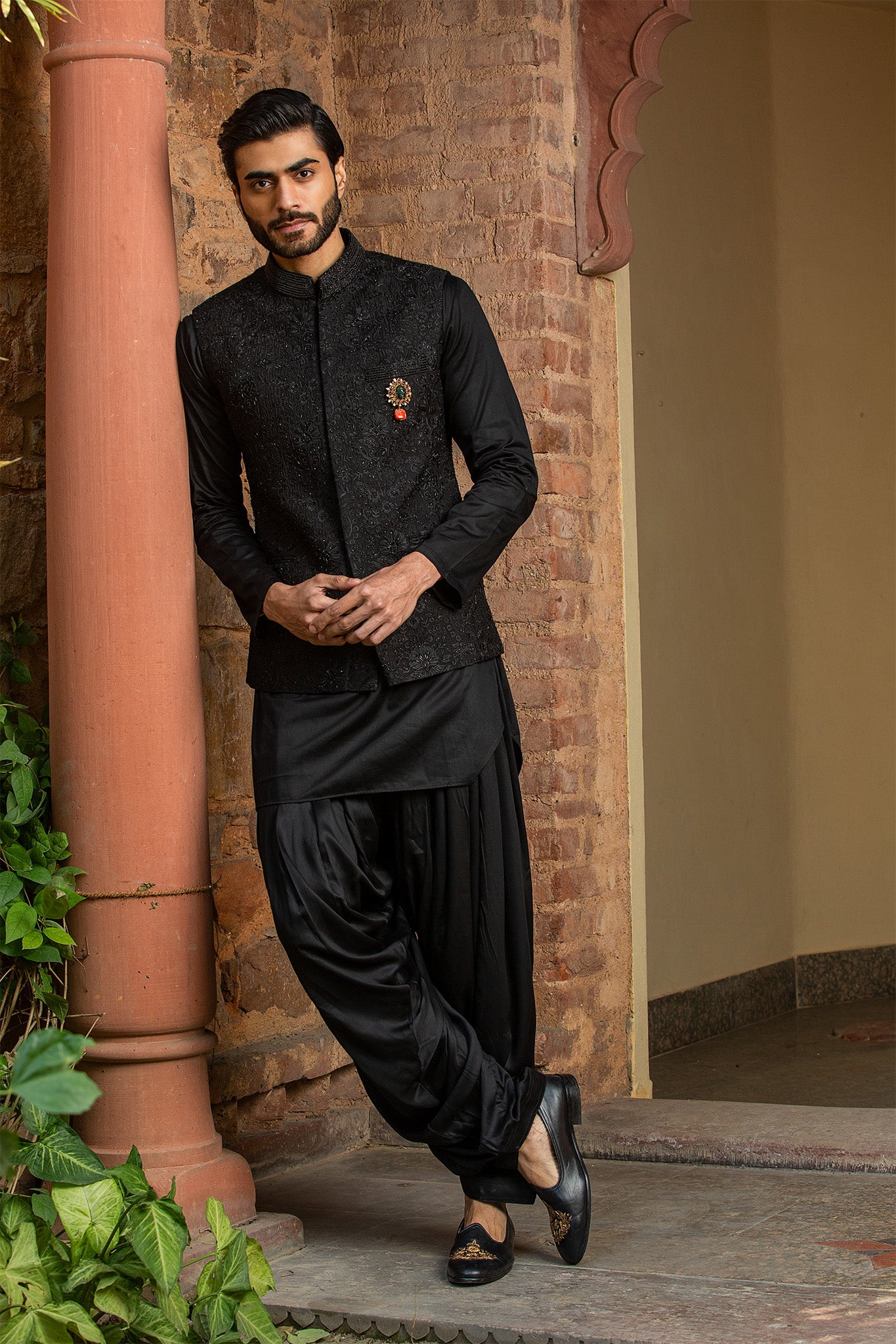 BLACK  KURTA SALWAR WITH RAW SILK ALL OVER EMBROIDERED  NEHRU JACKET