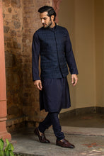 Load image into Gallery viewer, NAVY BLUE  KURTA CHURIDAR WITH RAW SILK ALL OVER EMBROIDERED  NEHRU JACKET
