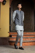 Load image into Gallery viewer, STEEL GREY  KURTA AND PANT WITH ALL OVER EMBROIDERED RAW SILK NEHRU JACKET
