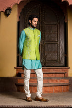Load image into Gallery viewer, TURQ  KURTA WITH LIME RAW SILK JACKET AND  PANT
