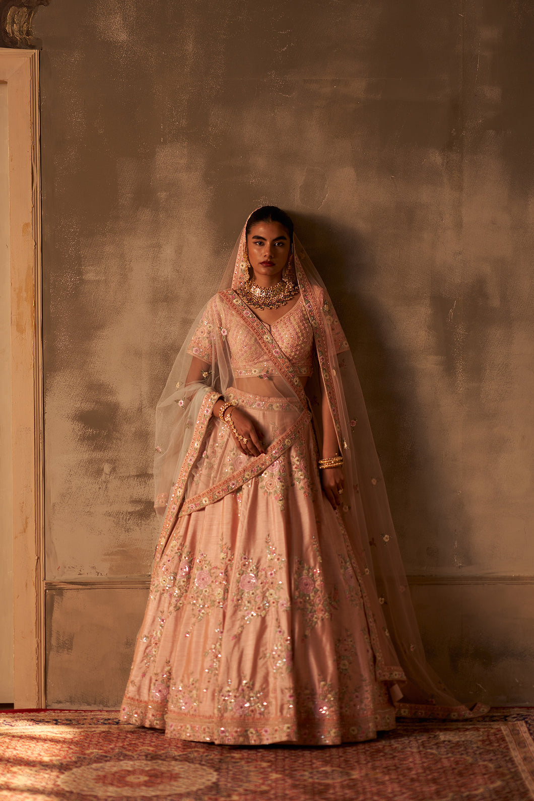 Peach Raw Silk Double Dupatta Lehenga Set