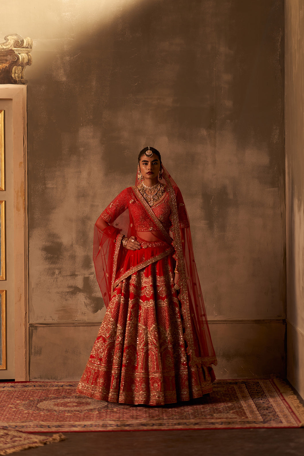Red Raw Silk Double Dupatta Lehenga Set