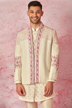 Load image into Gallery viewer, Cream Linen Bandhgala with Jaquard Silk Kurta Set
