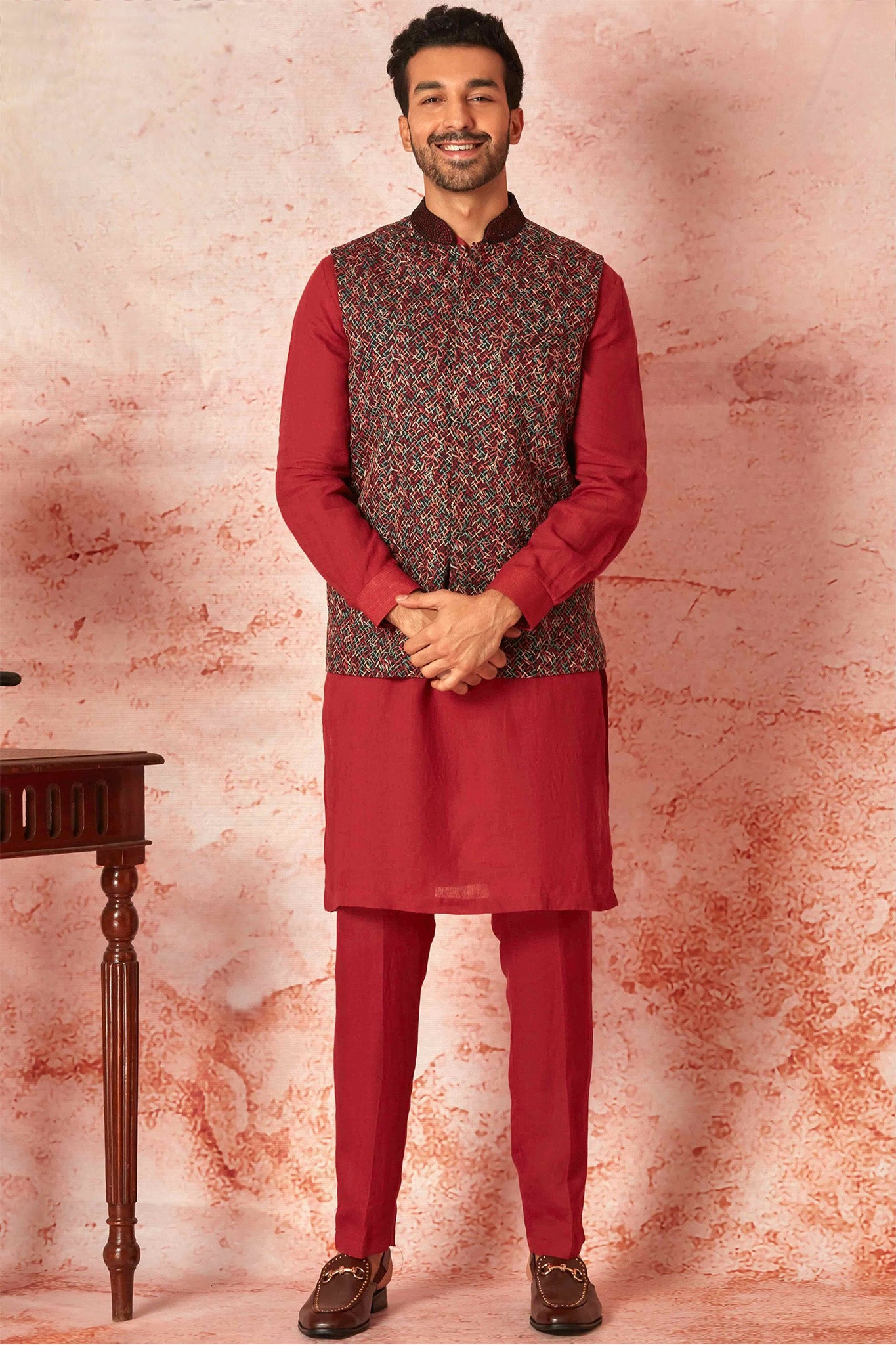 Red Linen Kurta Bundi Set with Multicolor Resham Embroidery