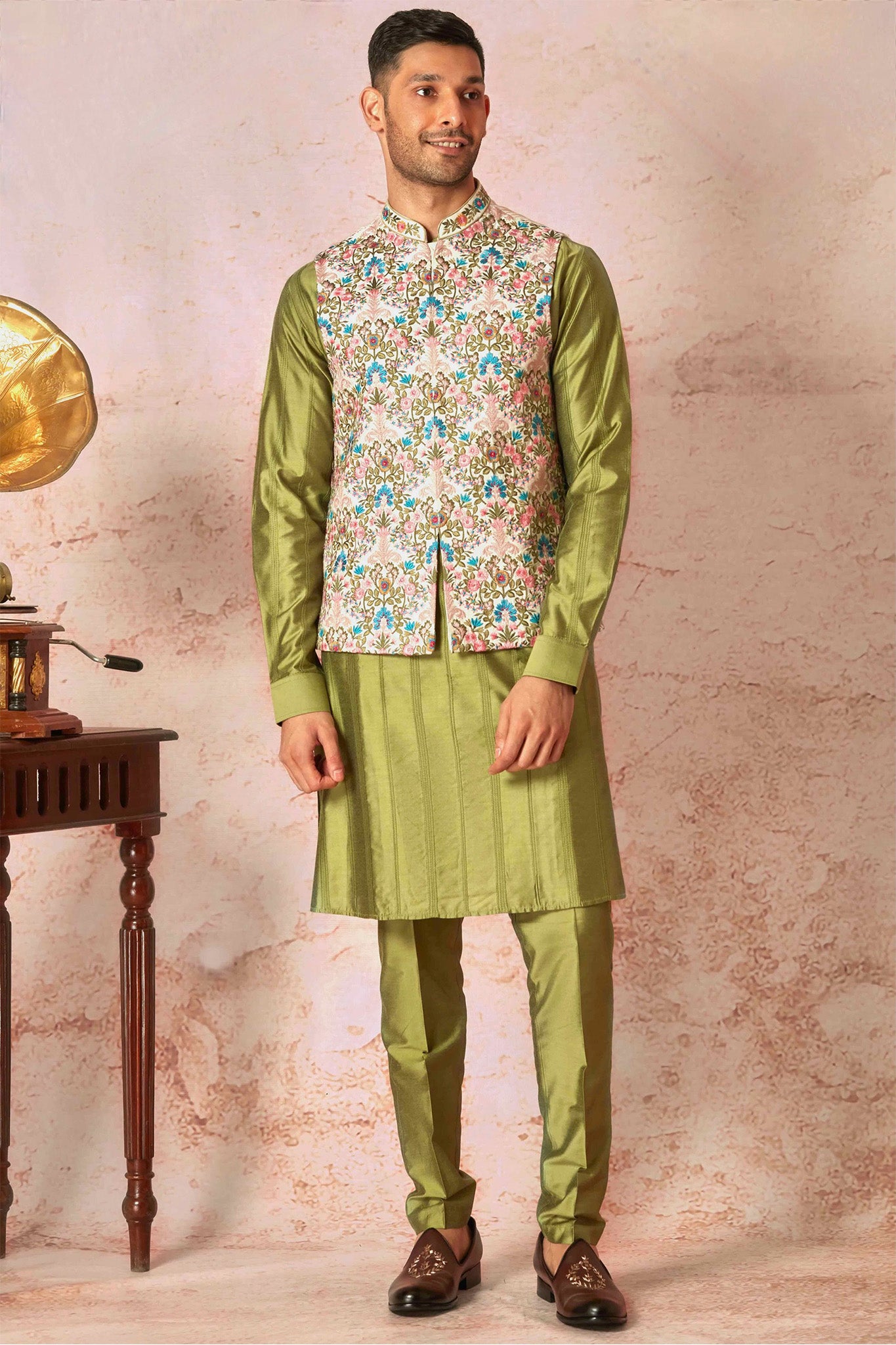 Multicolour Floral Embroidered Cotton Silk Kurta Bundi Set