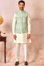 Load image into Gallery viewer, Heritage Mint Green Bundi Set with Cream Cotton silk Kurta
