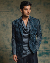 Load image into Gallery viewer, Charcoal Blue hand embroidered short jacket set
