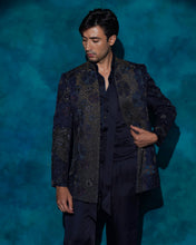 Load image into Gallery viewer, Midnight Blue Hand embroidered short jacket set
