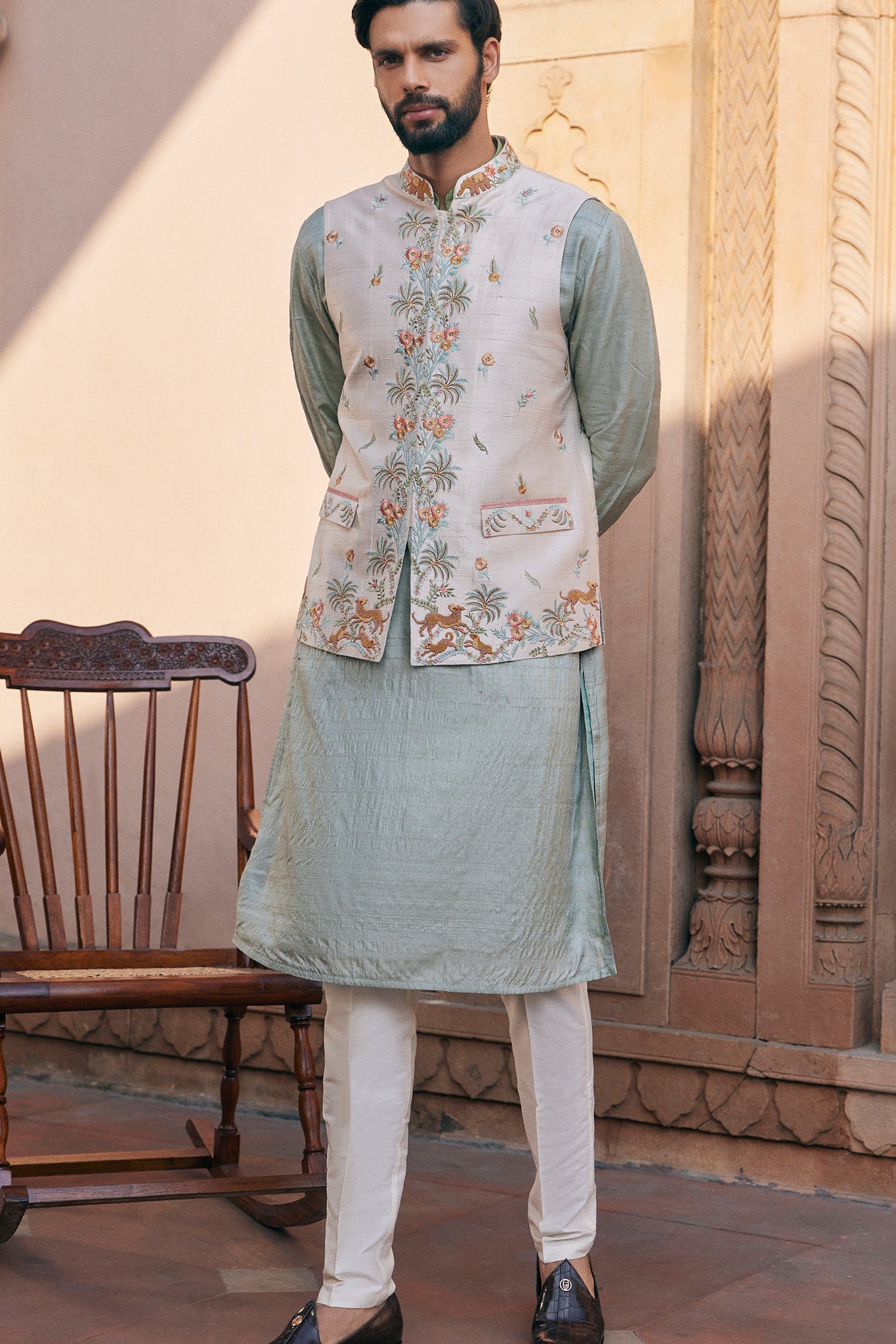 Green Silk Embroidered Bundi Set