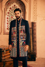 Load image into Gallery viewer, Hand-Picked Stitch: Navy Blue Indowestern with Patchwork Pintuck
