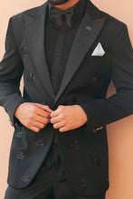Load image into Gallery viewer, Nocturnal Sophistication: Black Tuxedo Suit with Katdana, Nalki, and Moti Motifs
