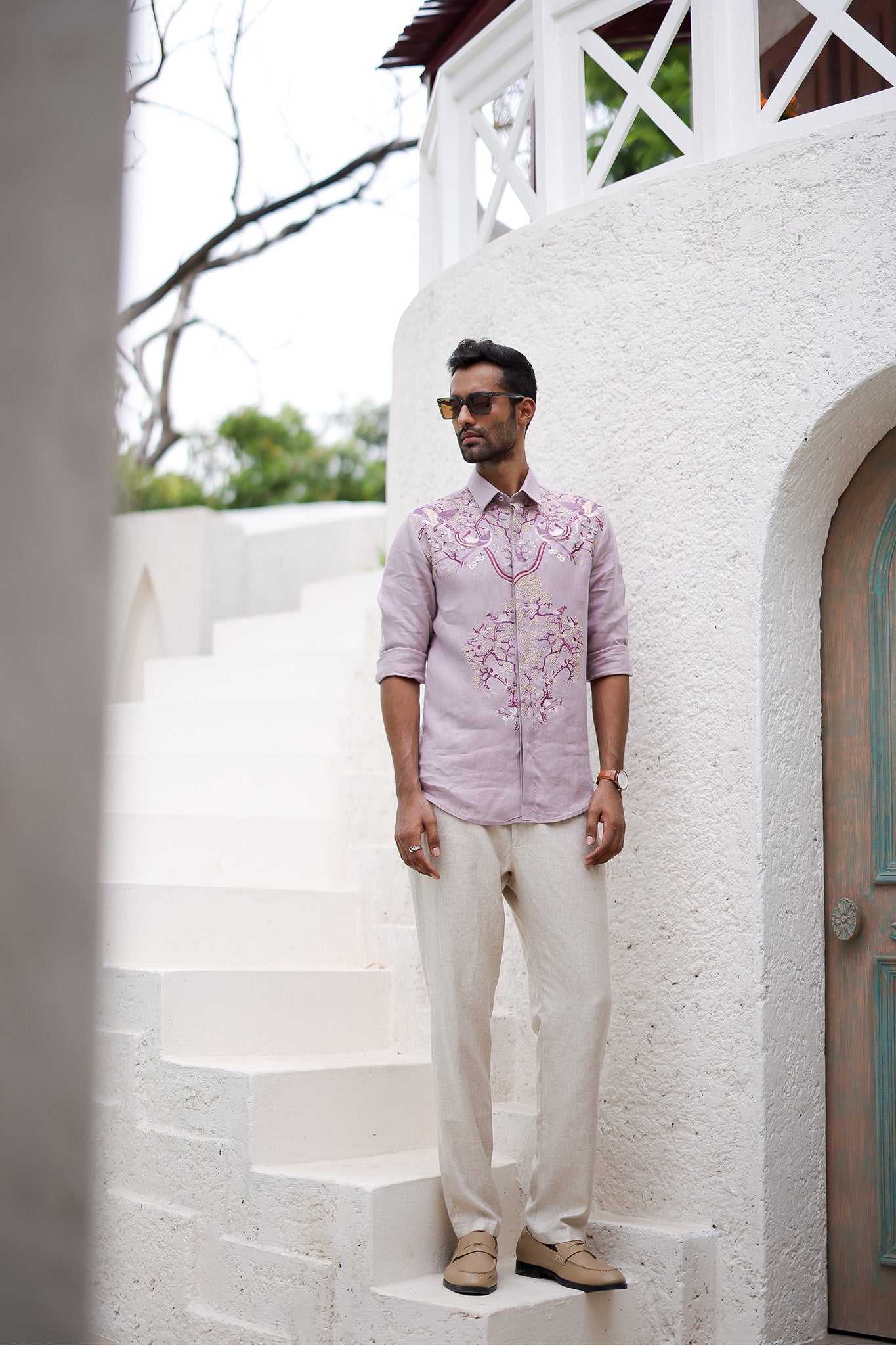 Lavender Floral Resham Embroidery Shirt