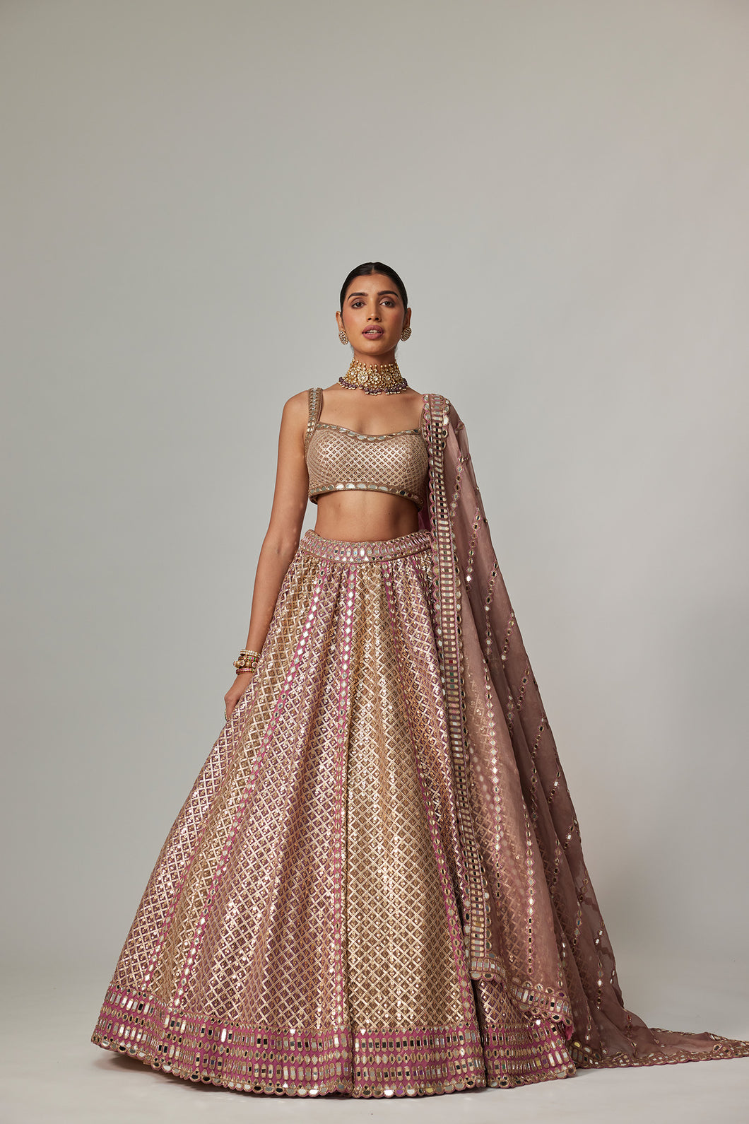 DEEP BEIGE MULTICOLOR METALLIC LEHENGA WITH SQUARE NECK BLOUSE