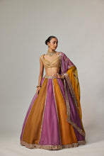 Load image into Gallery viewer, MUSTARD MULTICOLOR LINEAR LEHENGA WITH CAP SLEEVE BLOUSE
