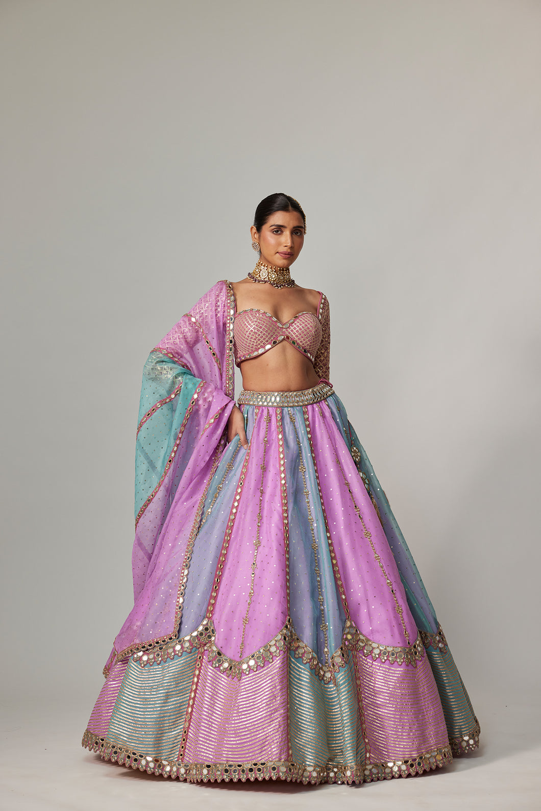 MAUVE MULTICOLOR SEQUIN SCATTERED LEHENGA WITH SWEETHEART FULL SLEEVE BLOUSE