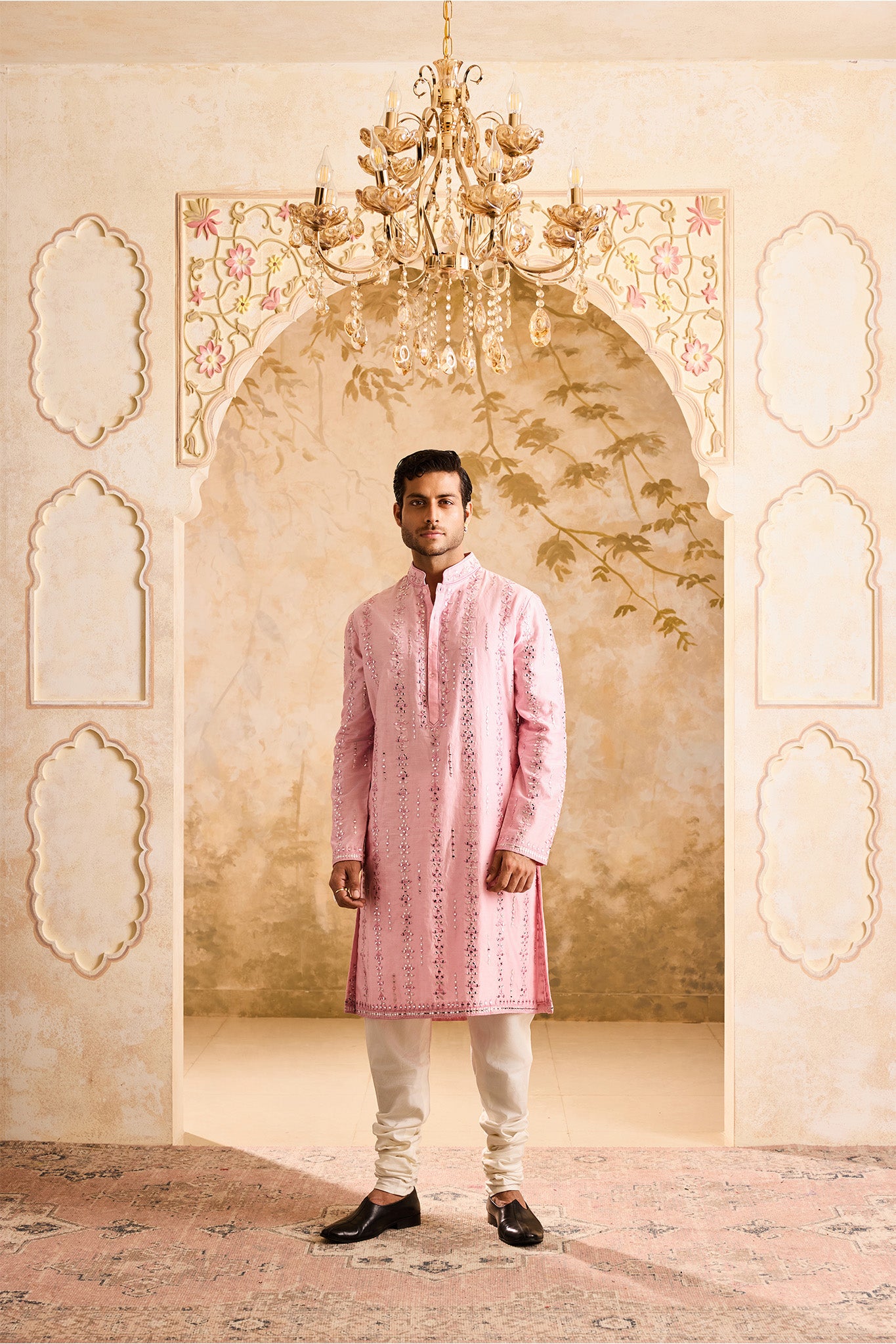 EMBROIDERED PINK MIRRORWORK KURTA WITH CHURIDAR