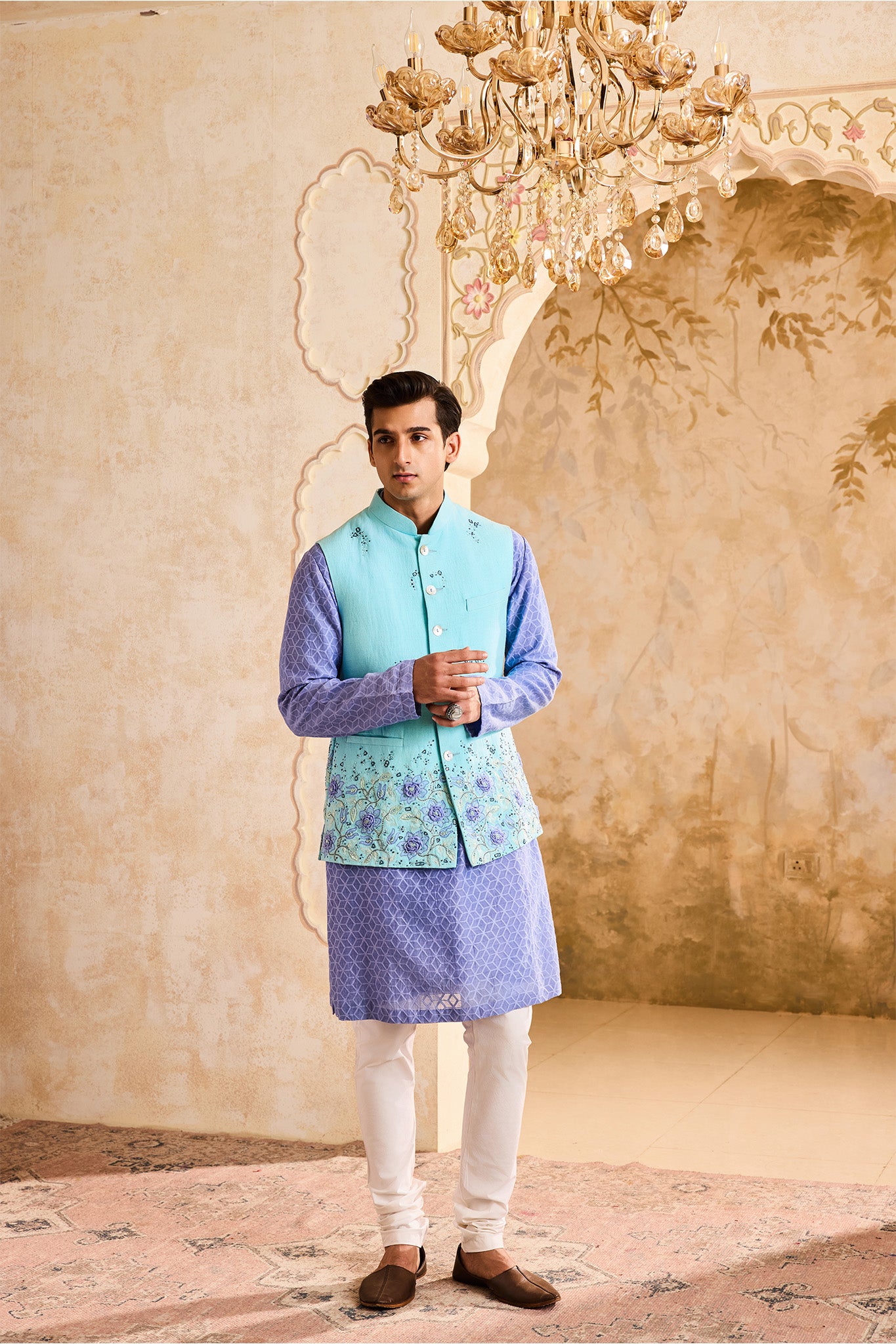 TURQ BUNDI JACKETLILAC KURTA IVORY CHURIDAR