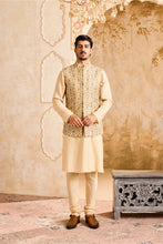 Load image into Gallery viewer, EMBROIDERED BEIGE BUNDI  JACKET WITH KURTA AND CHURIDAR
