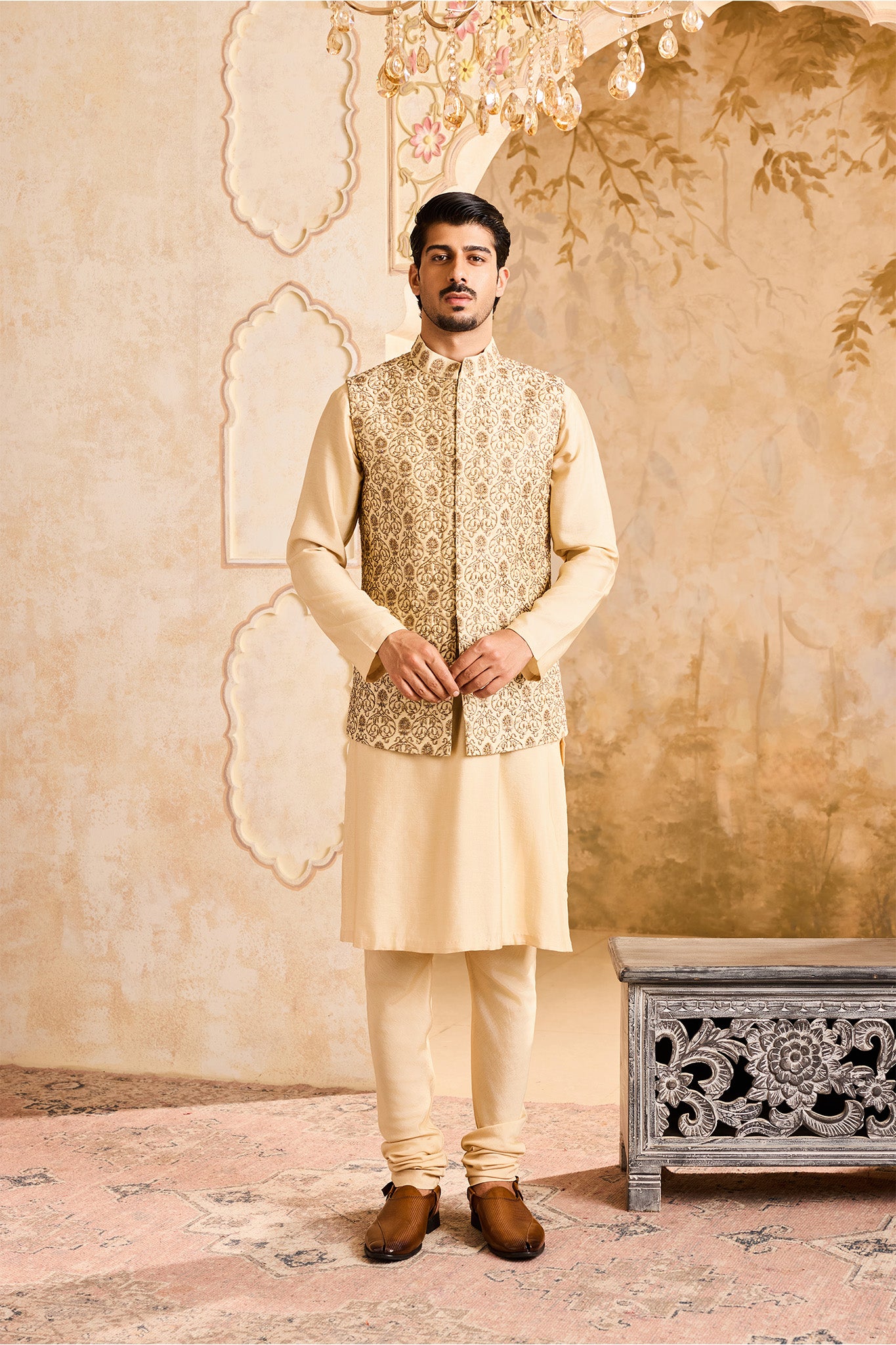 EMBROIDERED BEIGE BUNDI  JACKET WITH KURTA AND CHURIDAR