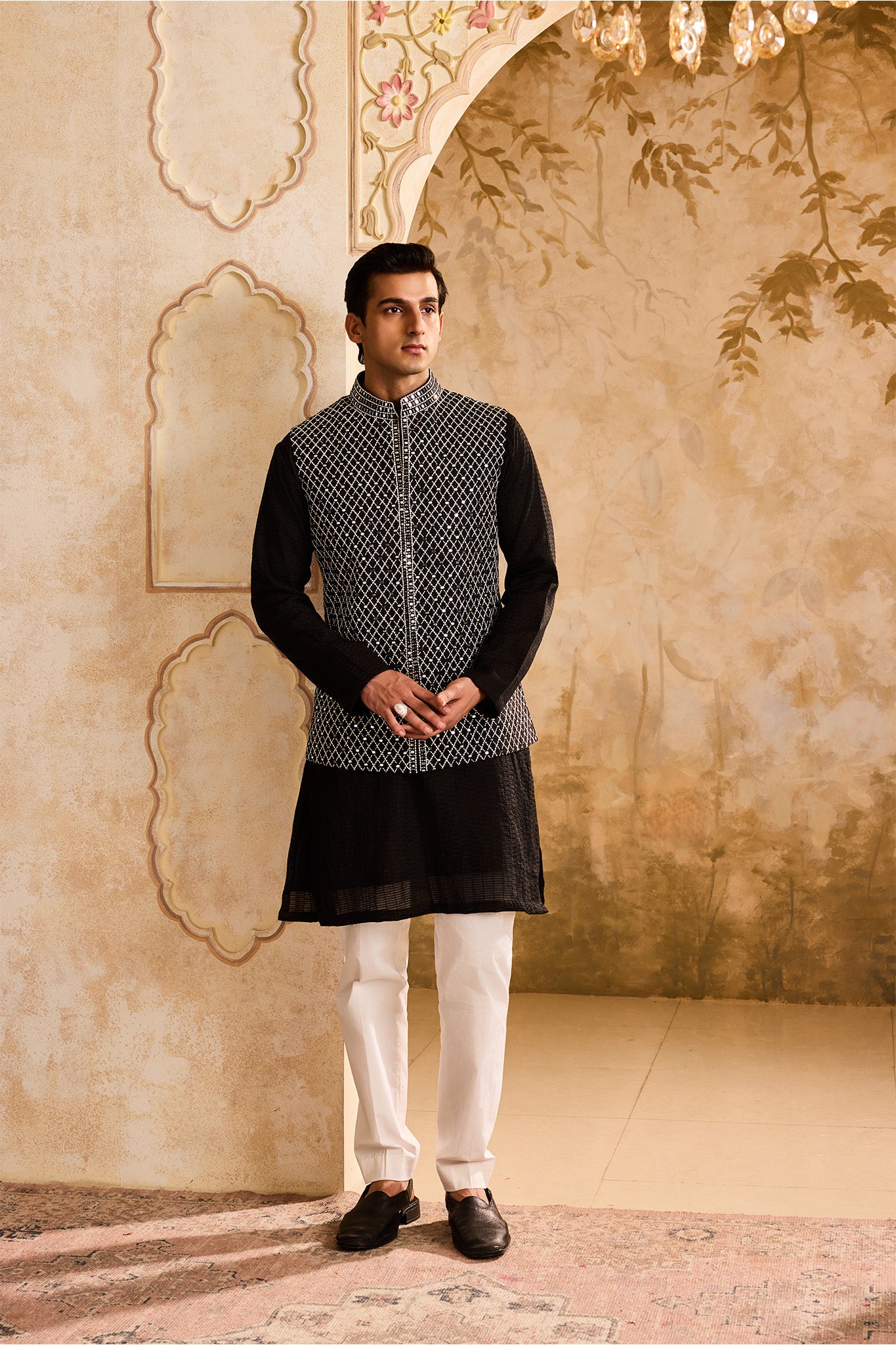 EMBROIDRED BALCK & WHITE BUNDI JACKET WITH KURTA  AND PANT