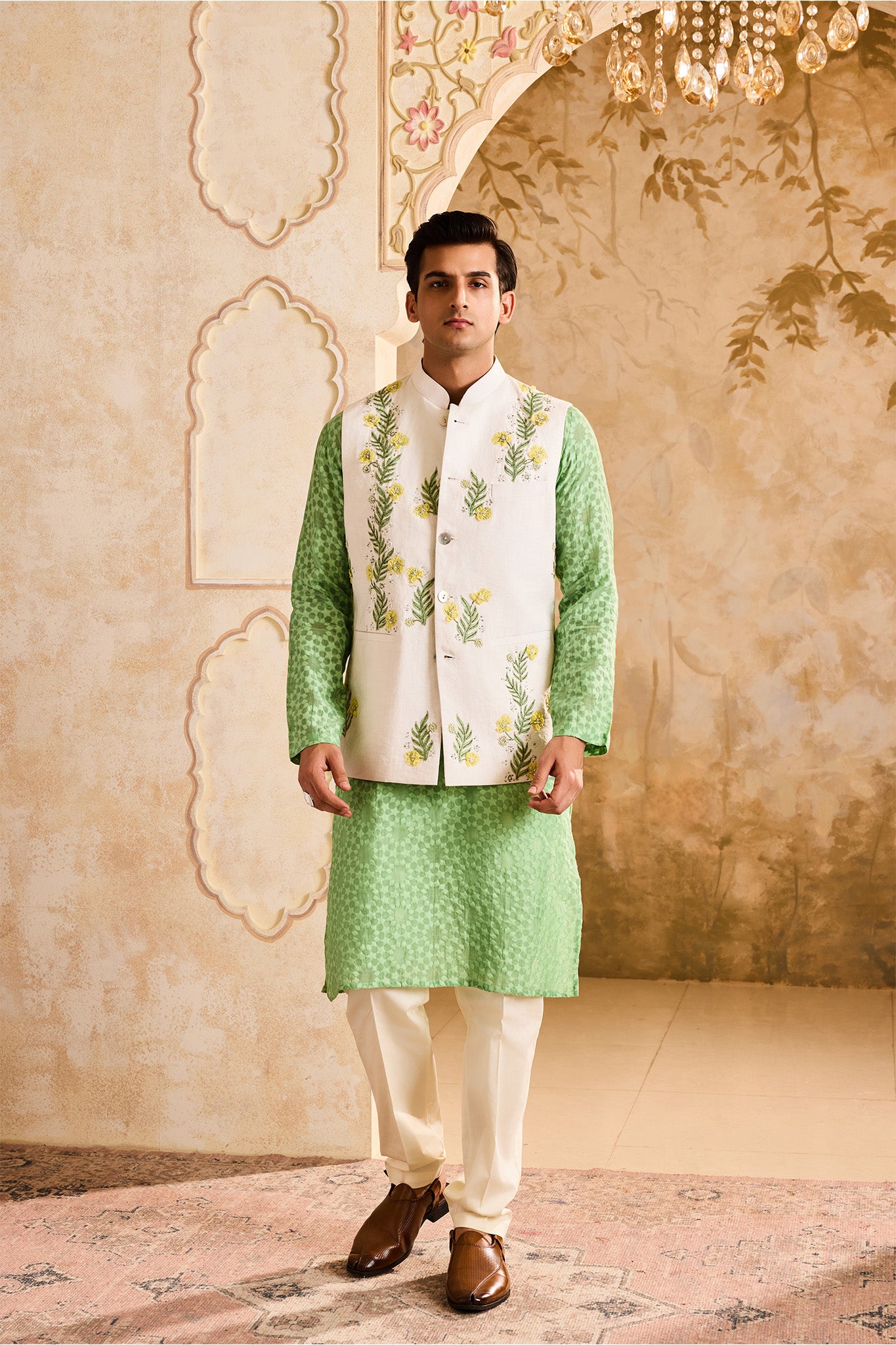 IVORY 3-D EMBROIDERED FLORAL WORK BUNDI WITH JADE KURTA CHURIDAR