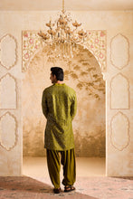 Load image into Gallery viewer, EMBROIDERED MEHENDI GREEN MIRRORWORK KURTA WITH SALWAR
