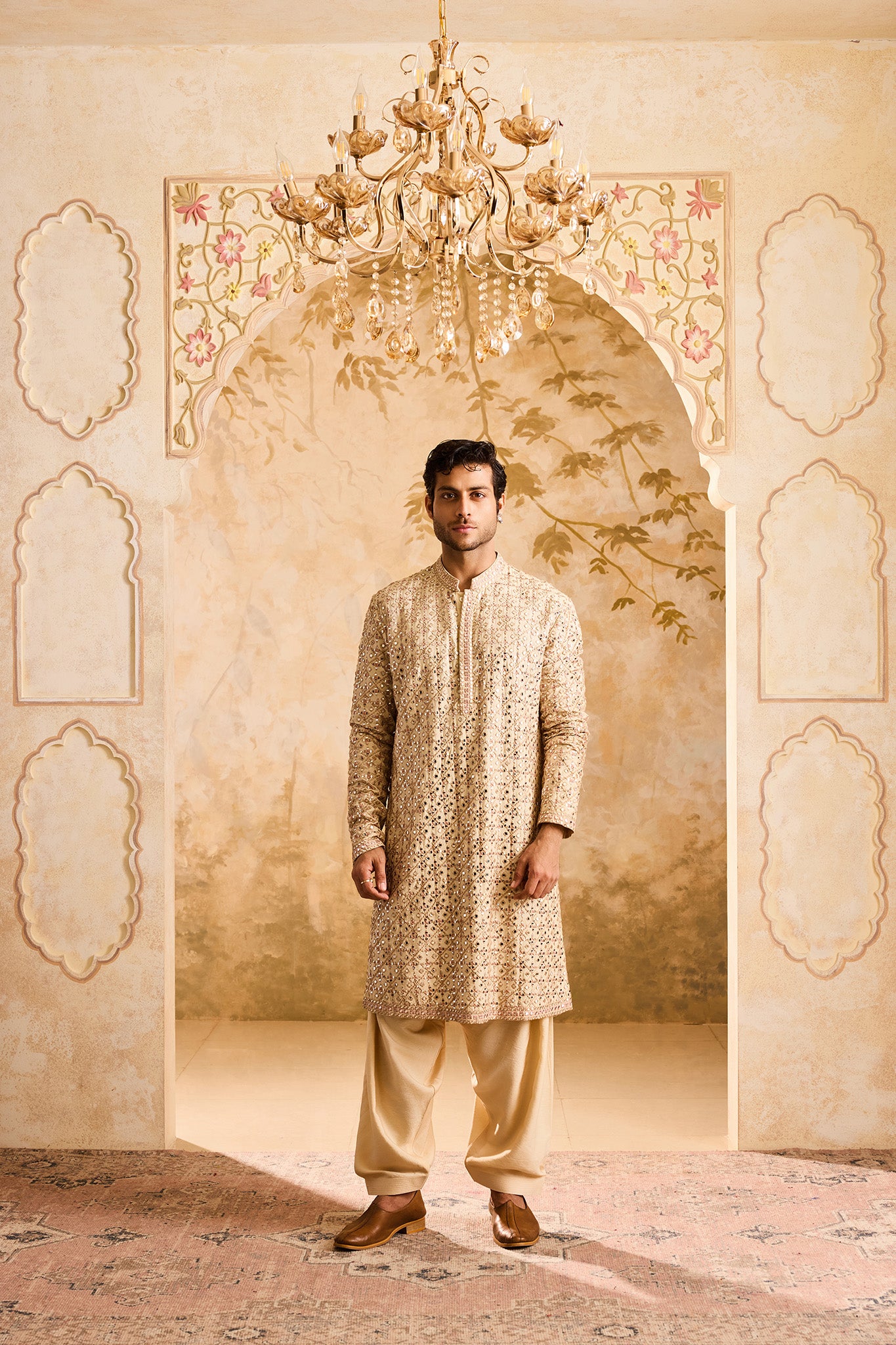 EMBROIDERED BIEGE MIRRORWORK KURTA WITH  SALWAR
