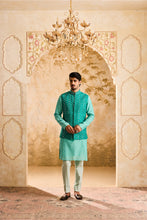 Load image into Gallery viewer, EMBROIDERED TEAL MIRRORWORK BUNDI WITH KURTA TROUSER
