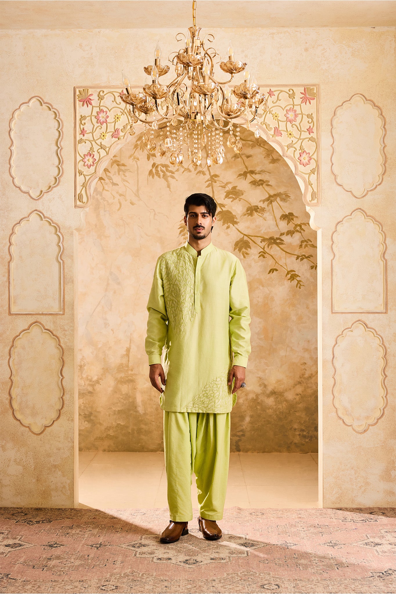 EMBROIDED LIME GREEN APPLIQUE WORK KURTA SALWAR