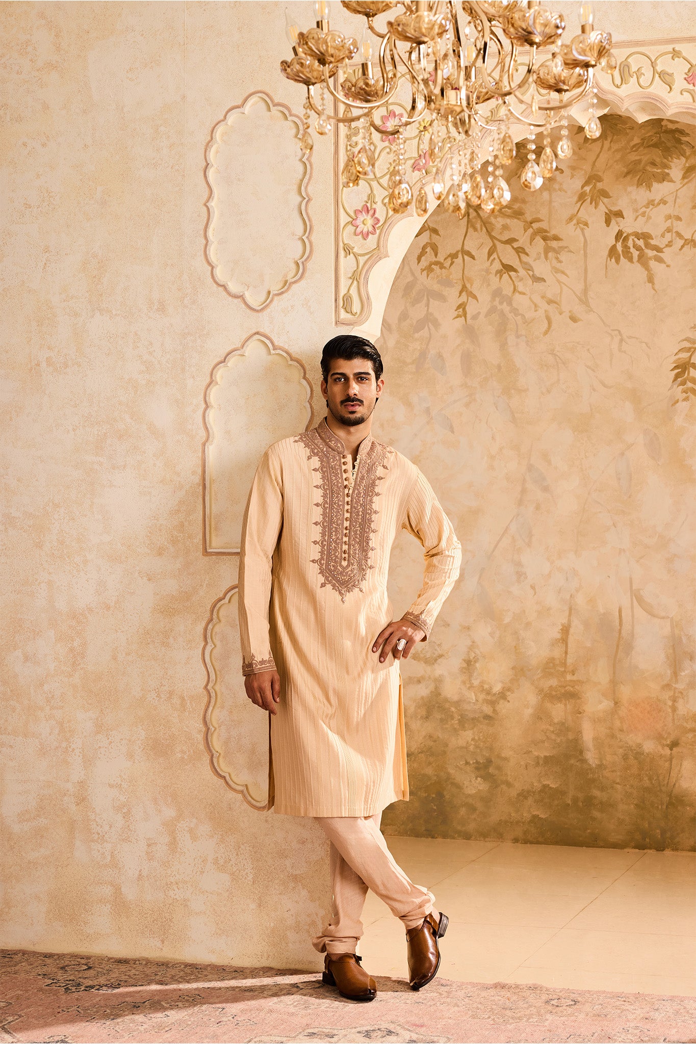 EMBROIDERED BIEGE PINTUCKED KURTA WITH CHURIDAR